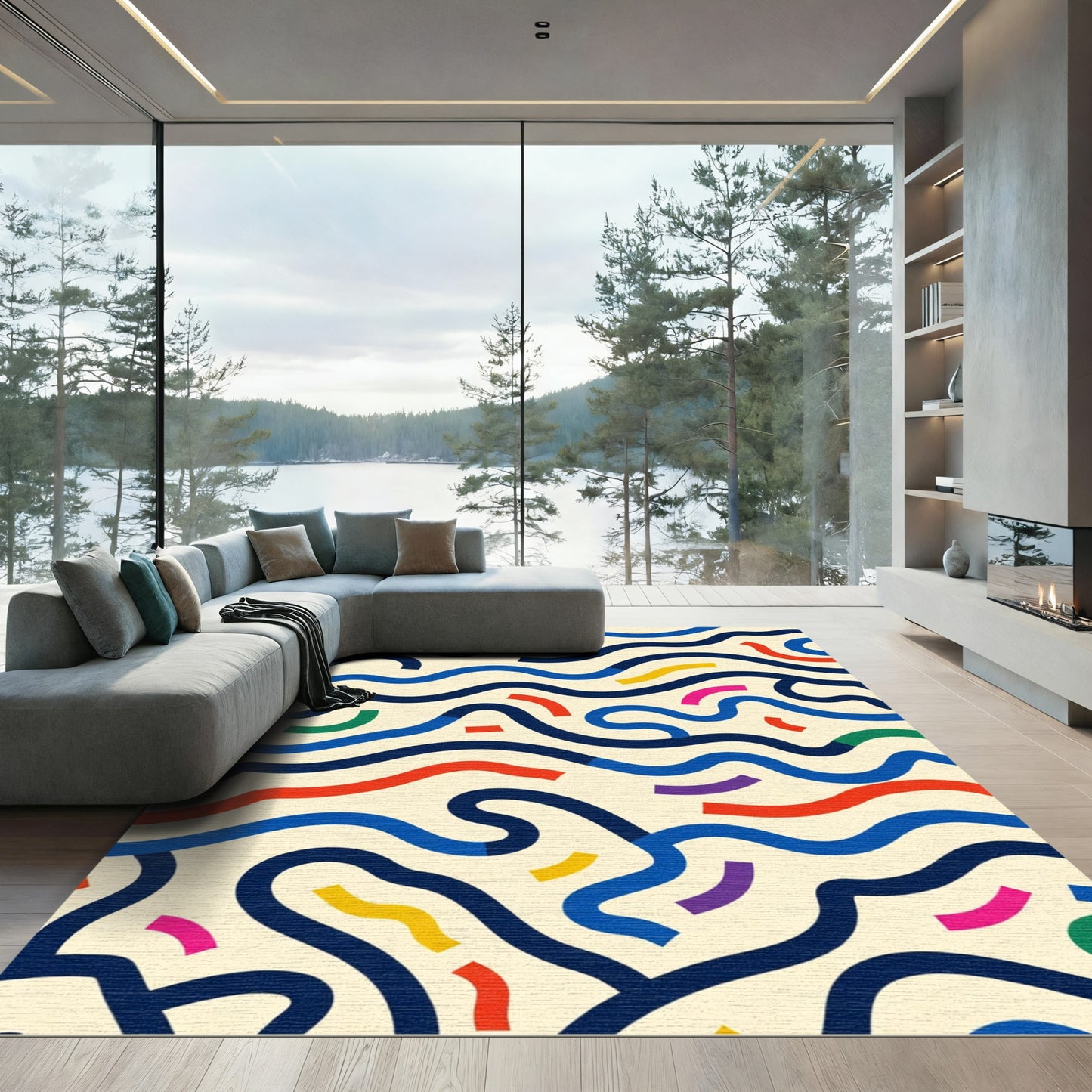 Vibrant Wavy Lines Abstract Composition Rug