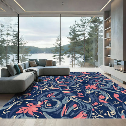 Coral Pink Floral Swirl Navy Rug