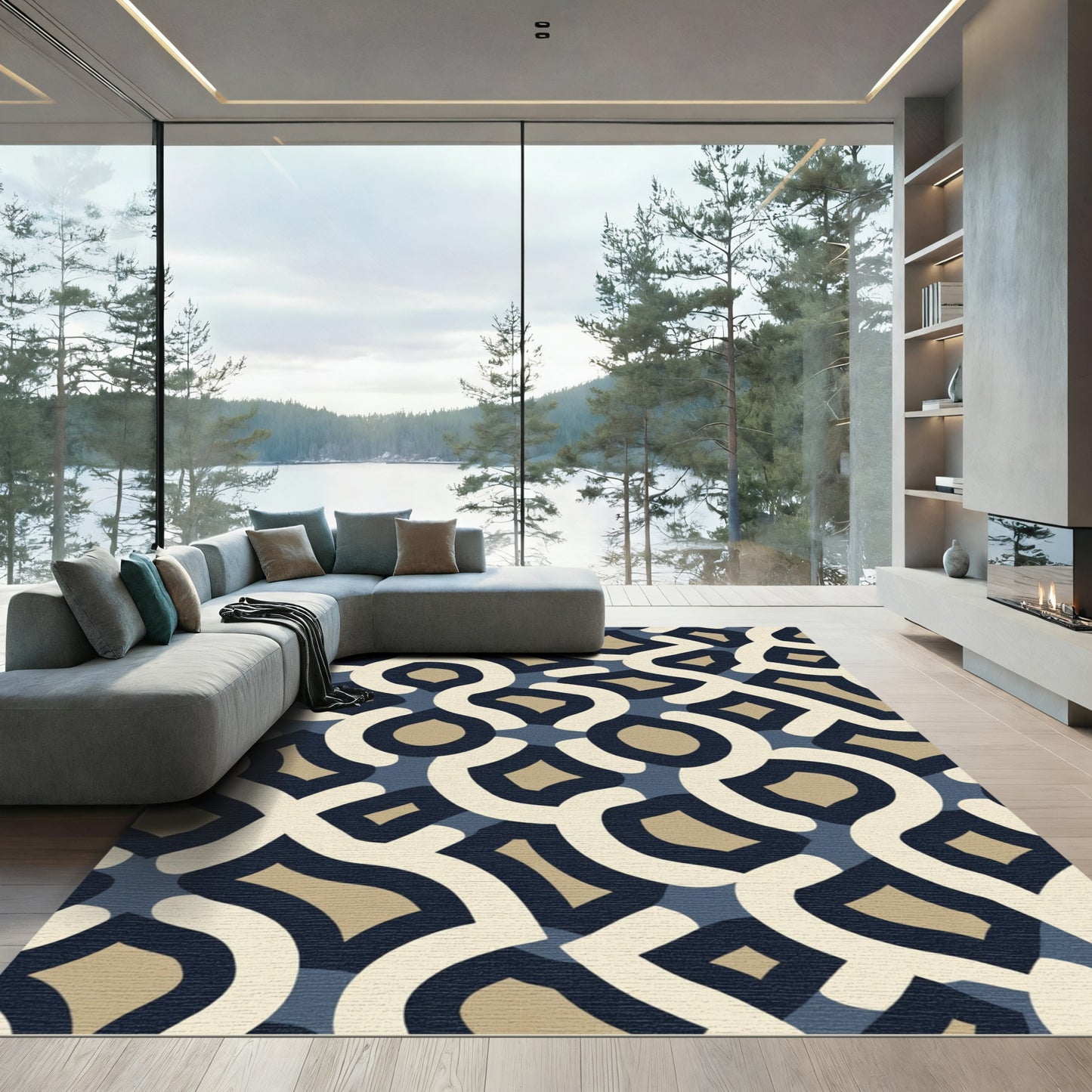 Blue Tan Organic Interlocking Forms Rug