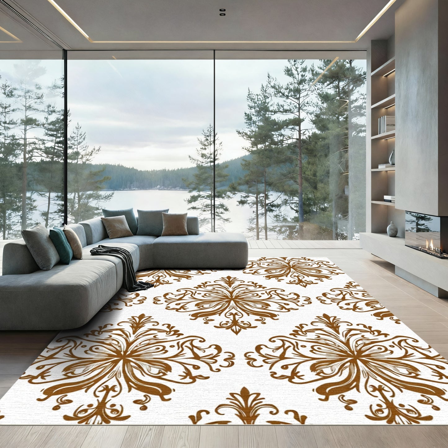 Brown Rococo Floral Damask Rug