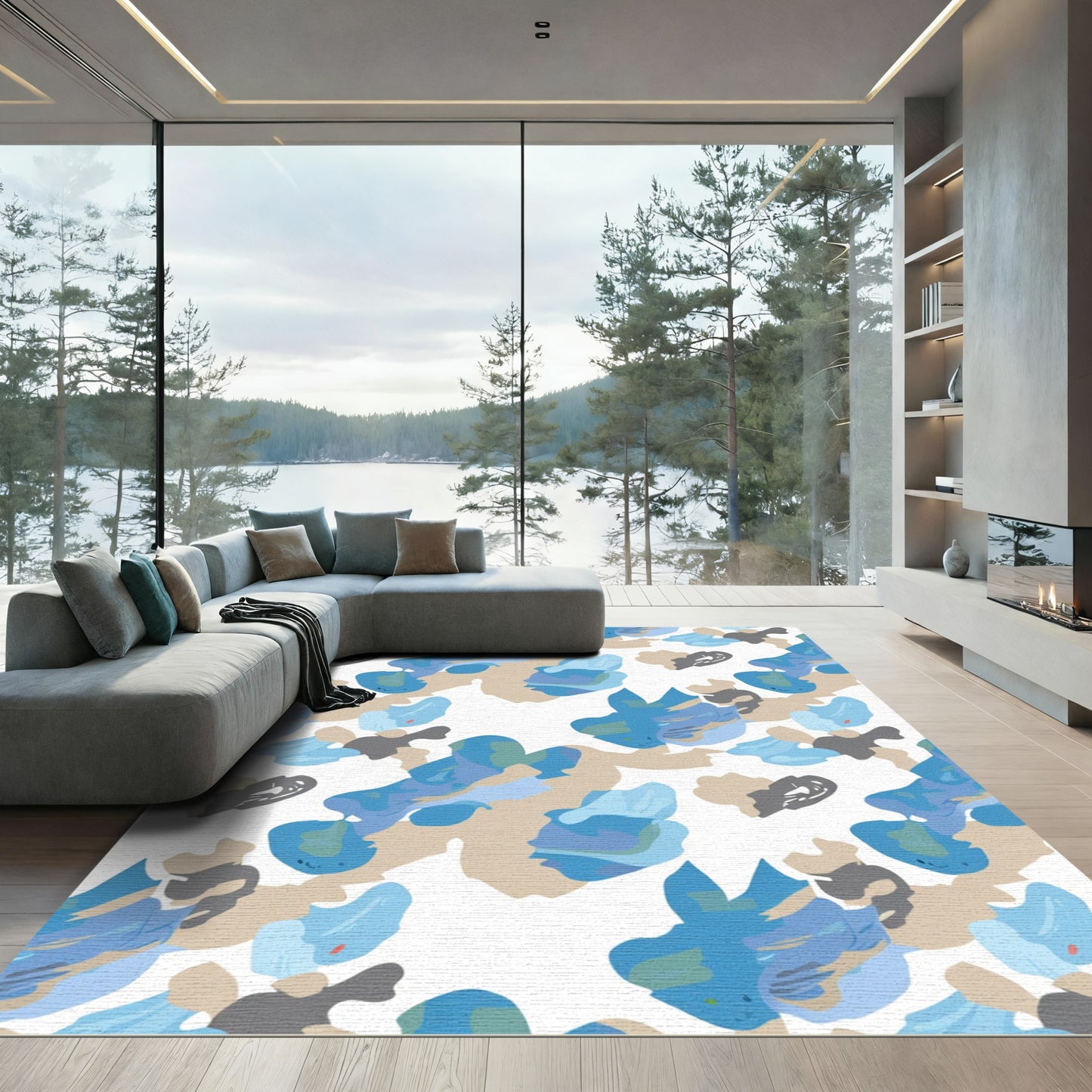 Abstract Blue Gray Tan Cloud Rug