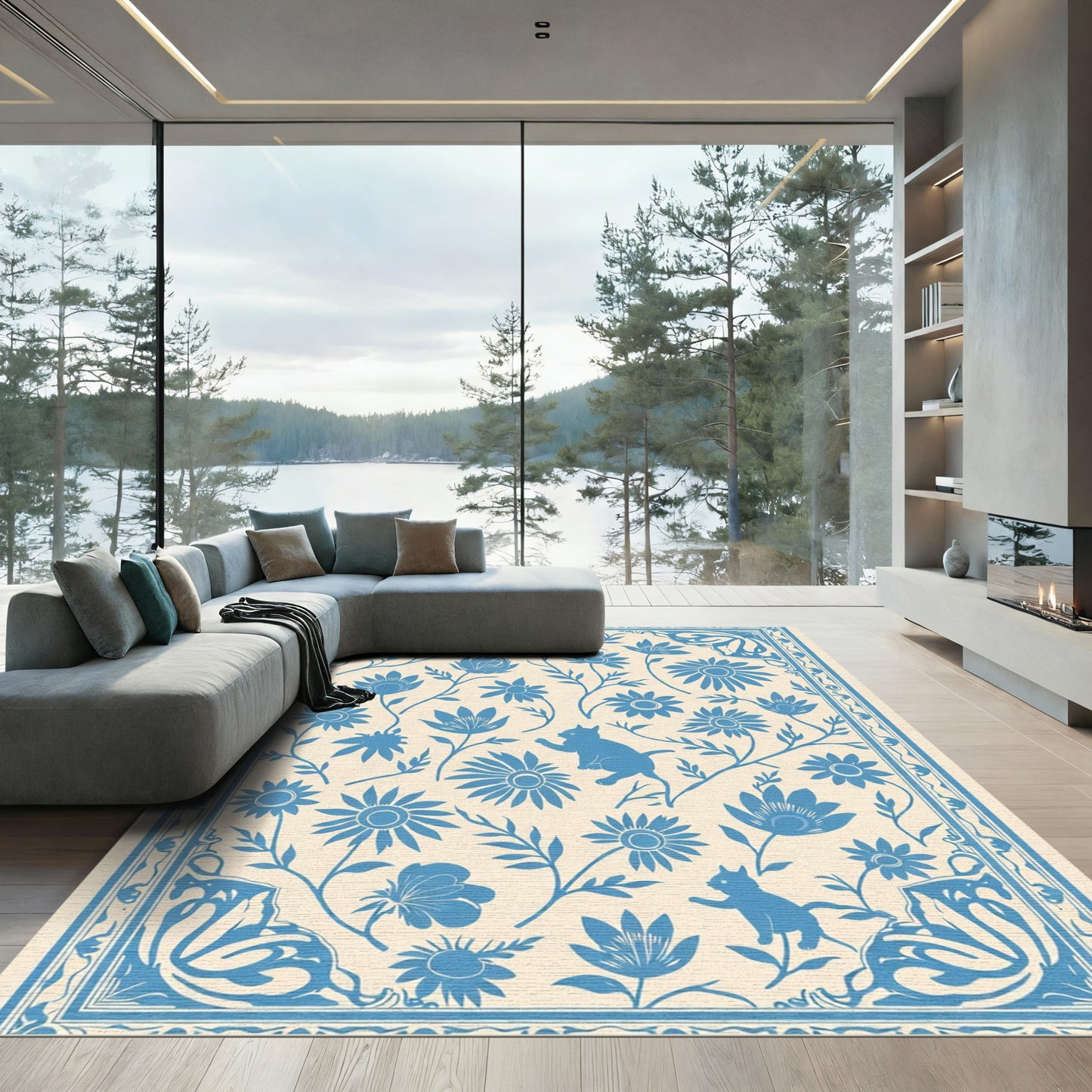 Blue Floral Cat Garden Border Rug