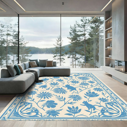 Blue Floral Cat Garden Border Rug