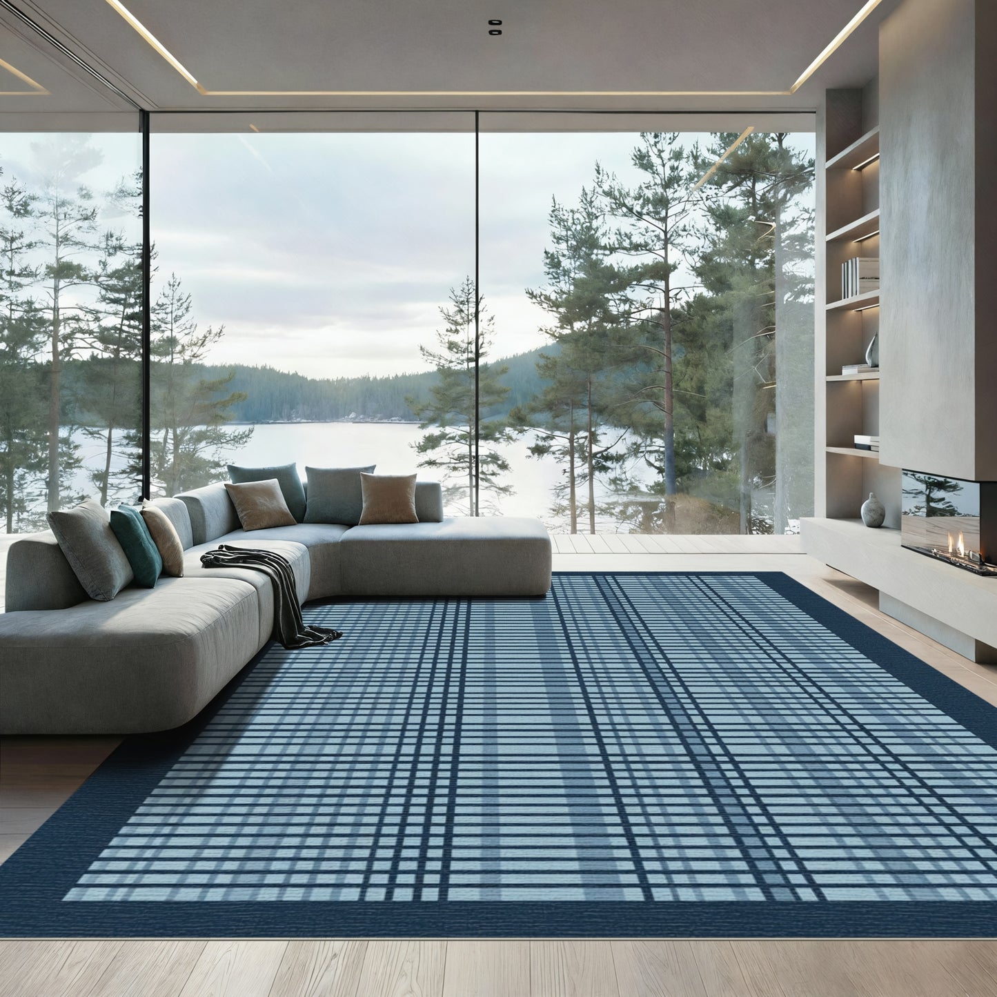 Calm Navy Blue Plaid Check Rug