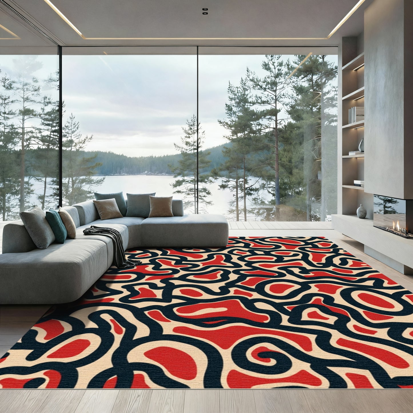 Red Black Organic Wave Rug