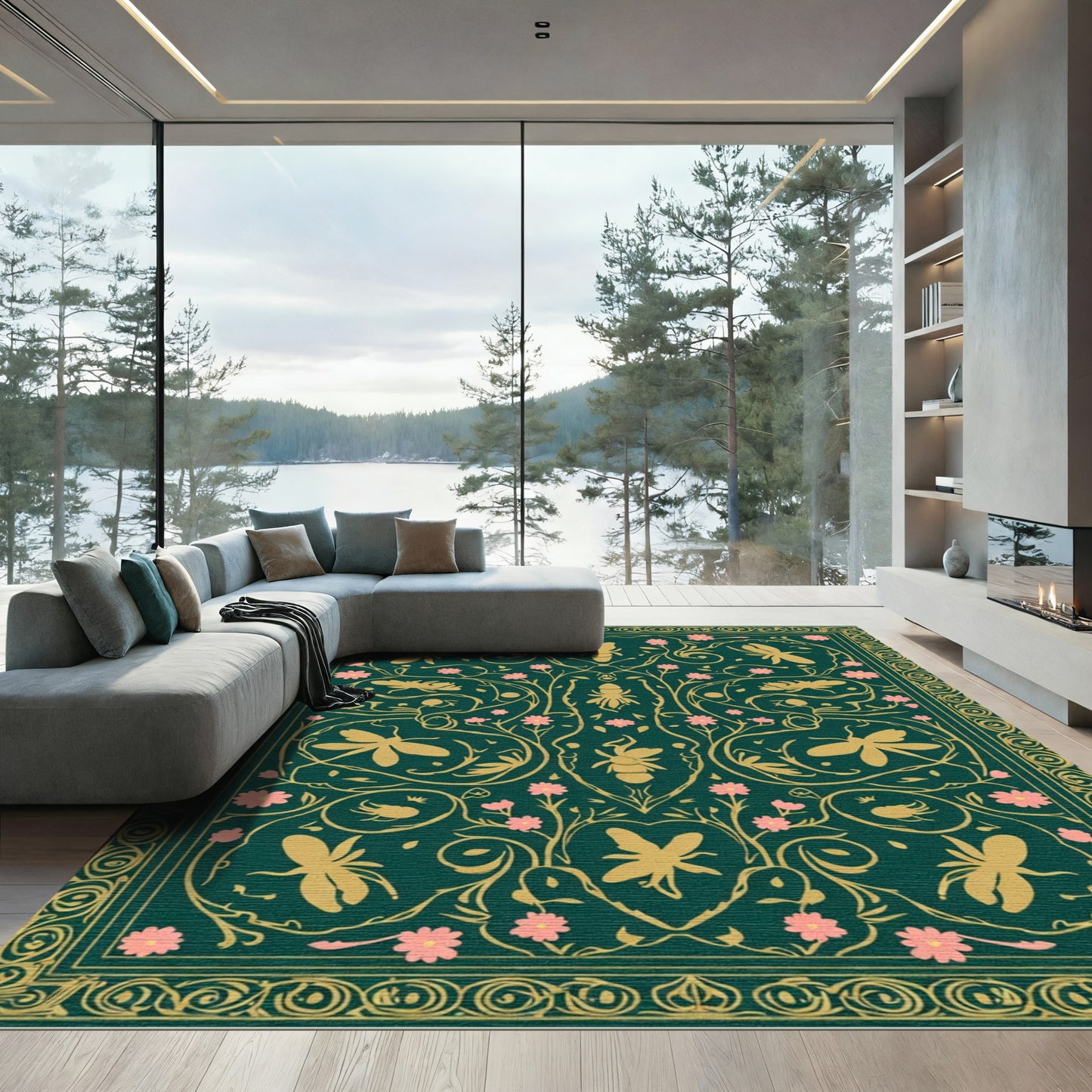 Golden Insects Pink Flowers Emerald Green Border Rug
