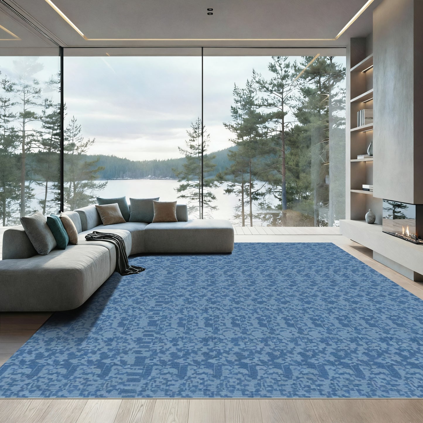 Dappled Blue Textured Linear Rug