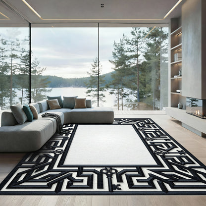 Black Maze Keys Geometric Border Rug