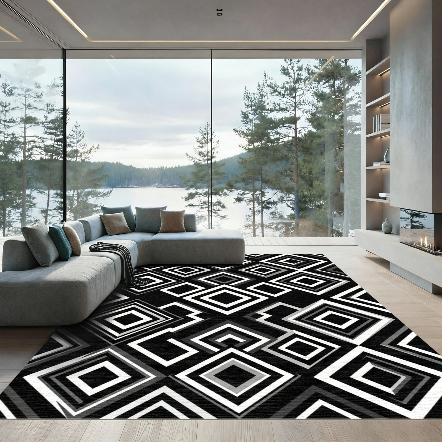 Monochrome Layered Diamond Overlay Rug