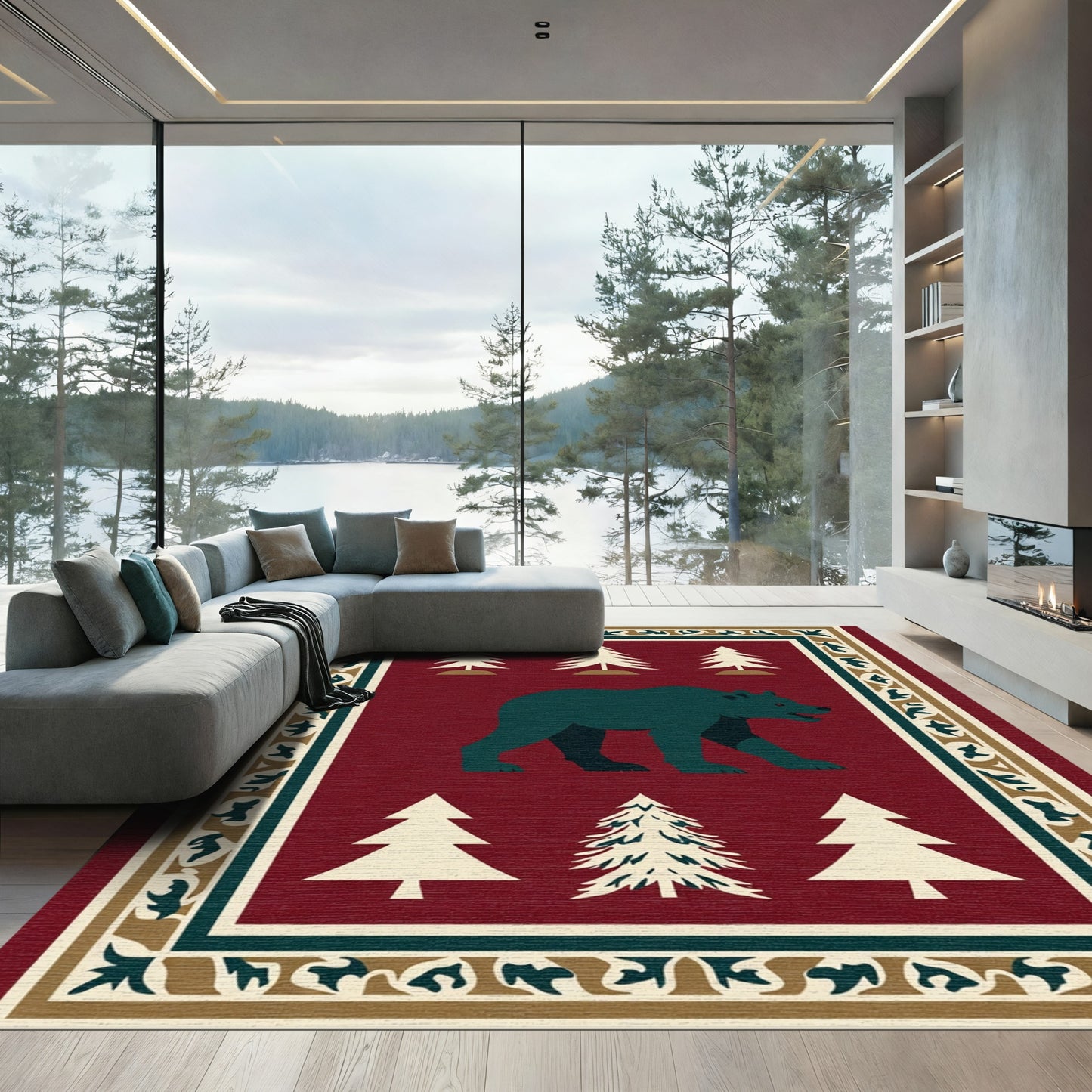 Deep Forest Bear and Pine Trees Rug