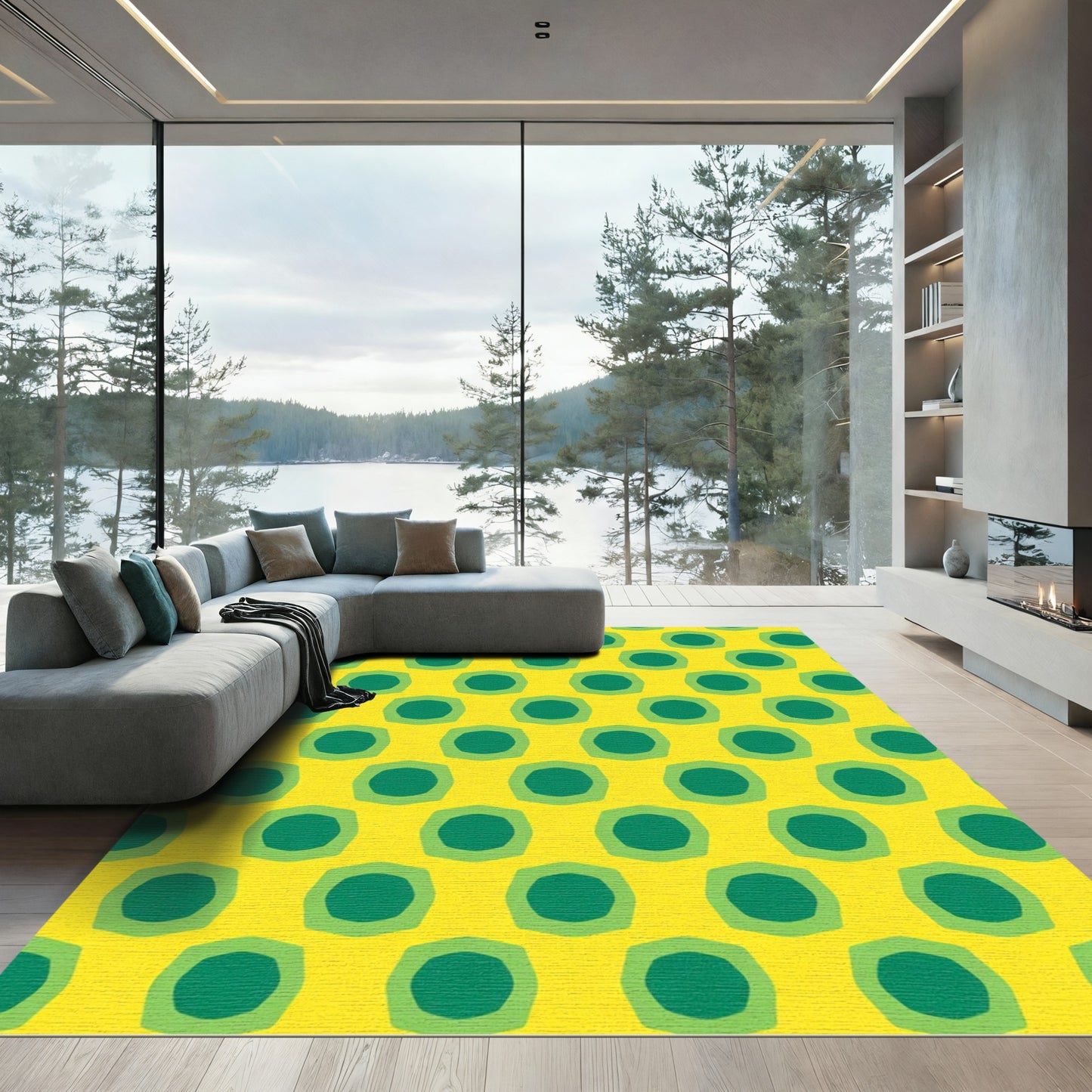 Golden Yellow Green Concentric Octagons Rug