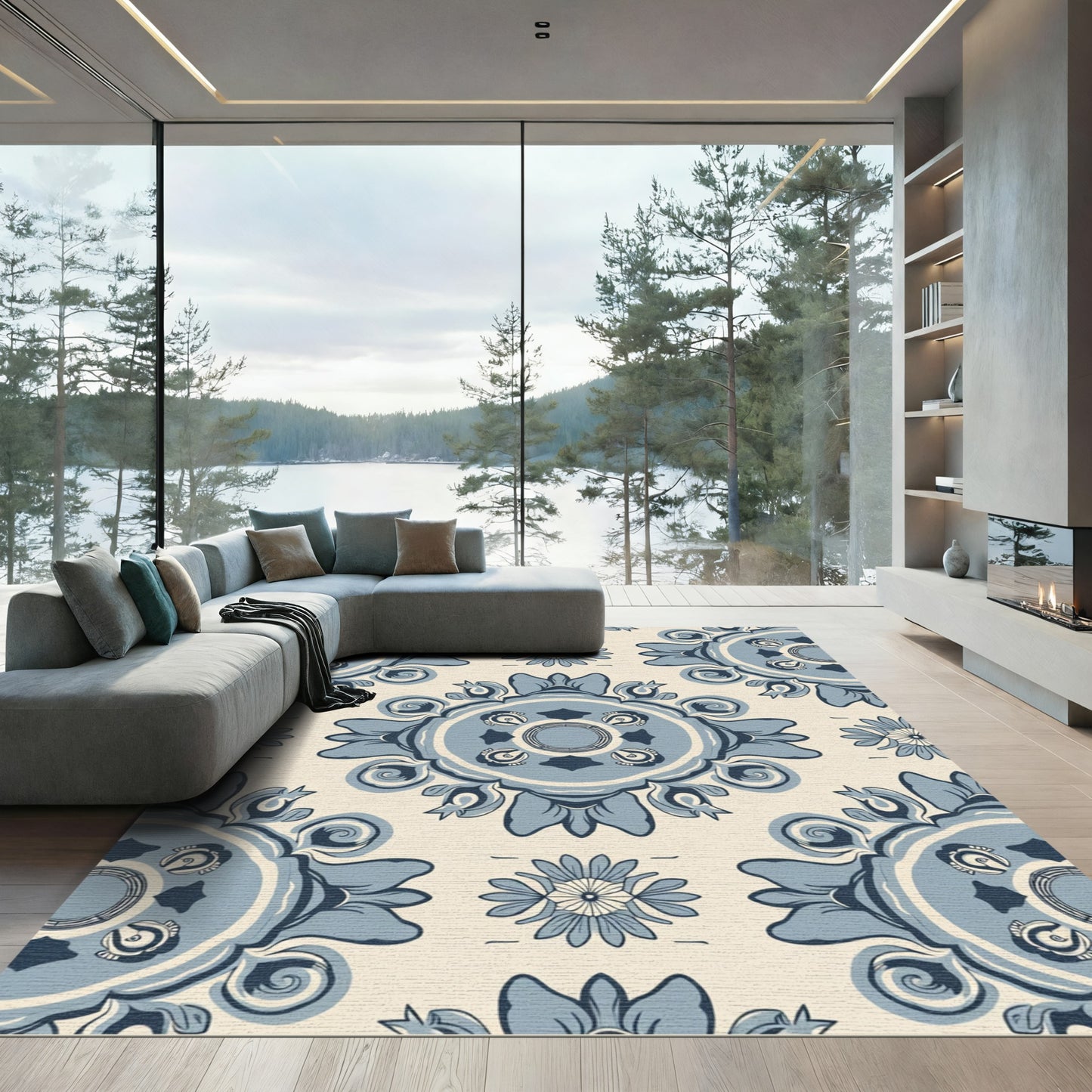 Blue Floral Medallion Lattice Rug