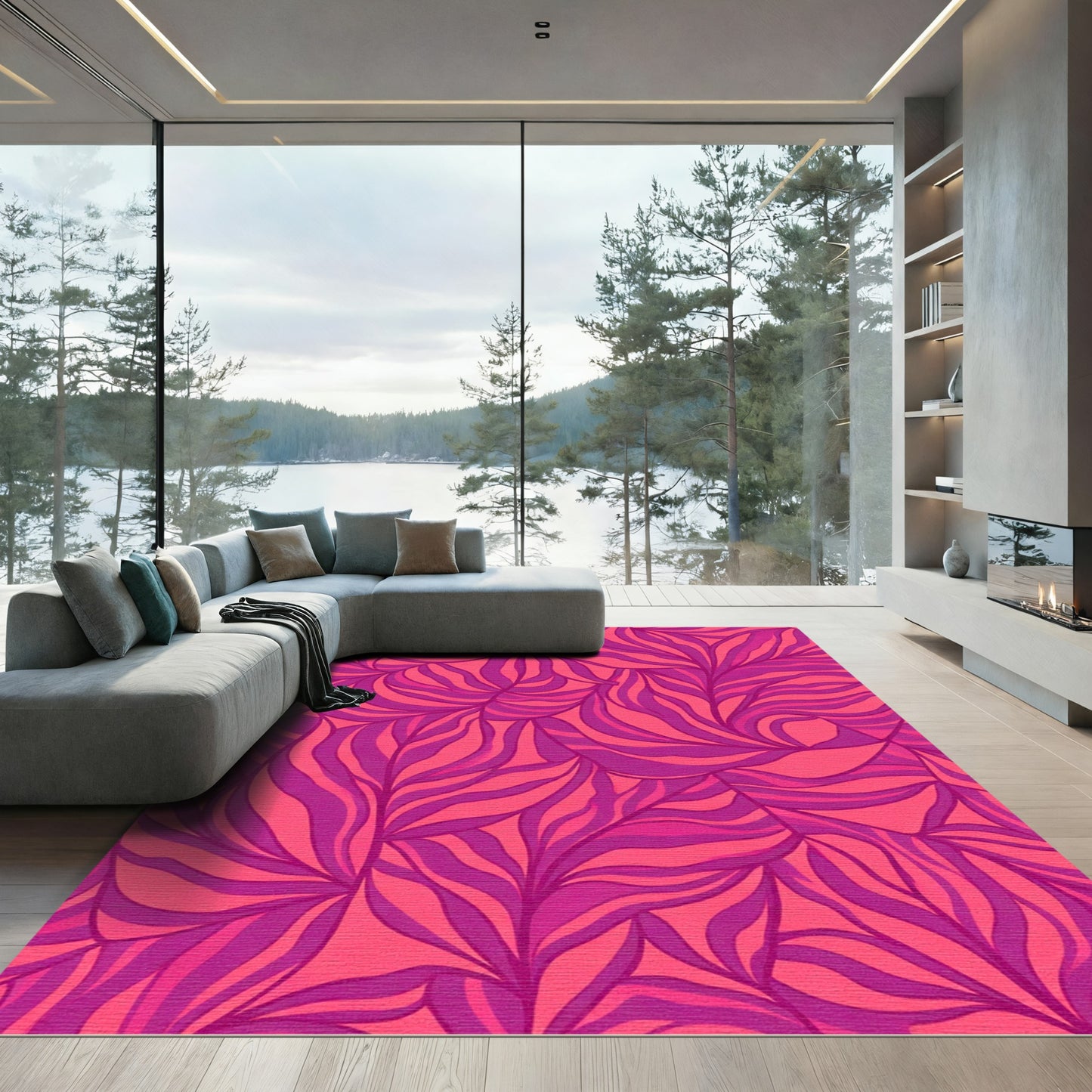 Vibrant Pink Orchid Leafy Swirl Rug