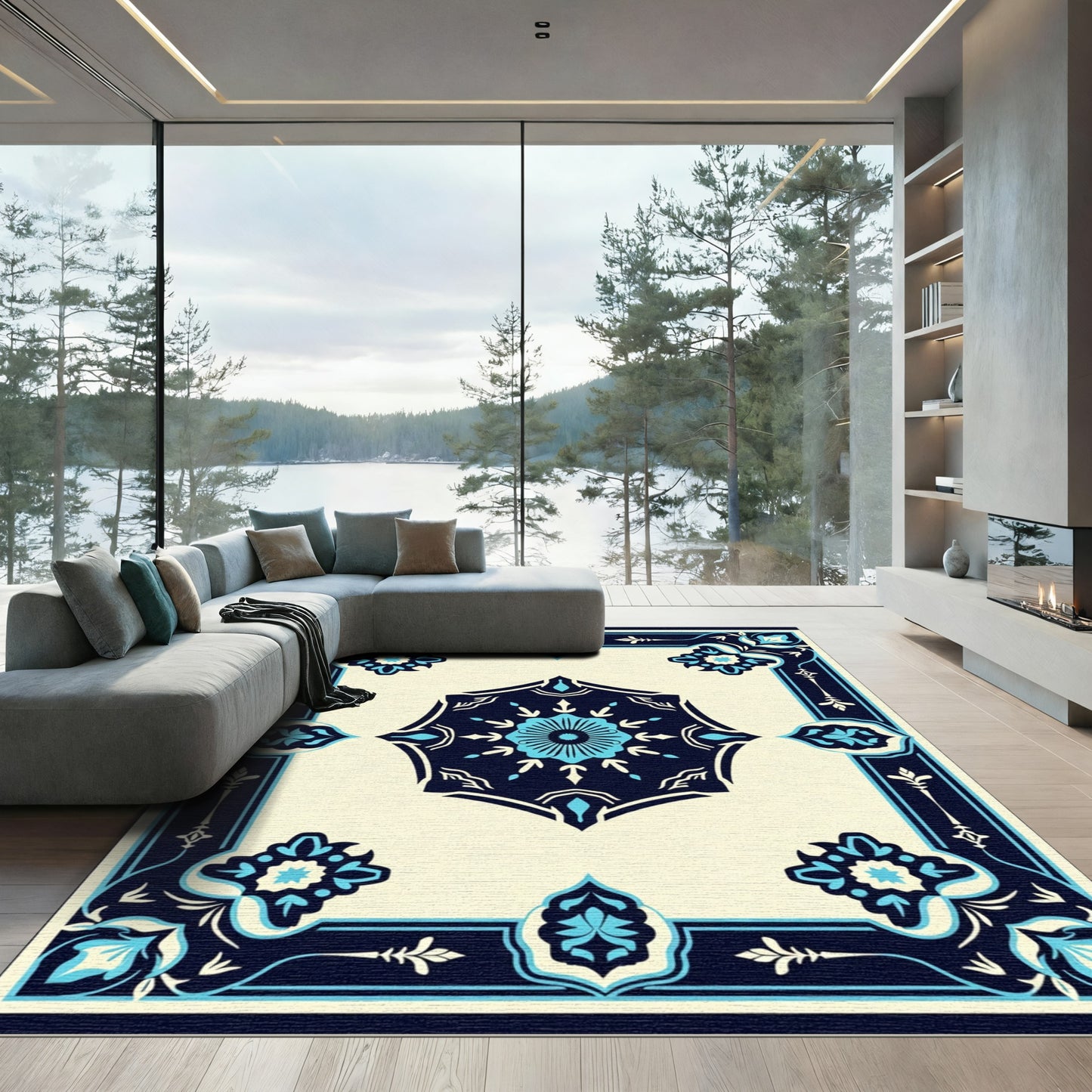 Navy Blue Floral Medallion Cream Rug
