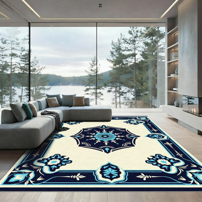 Navy Blue Floral Medallion Cream Rug
