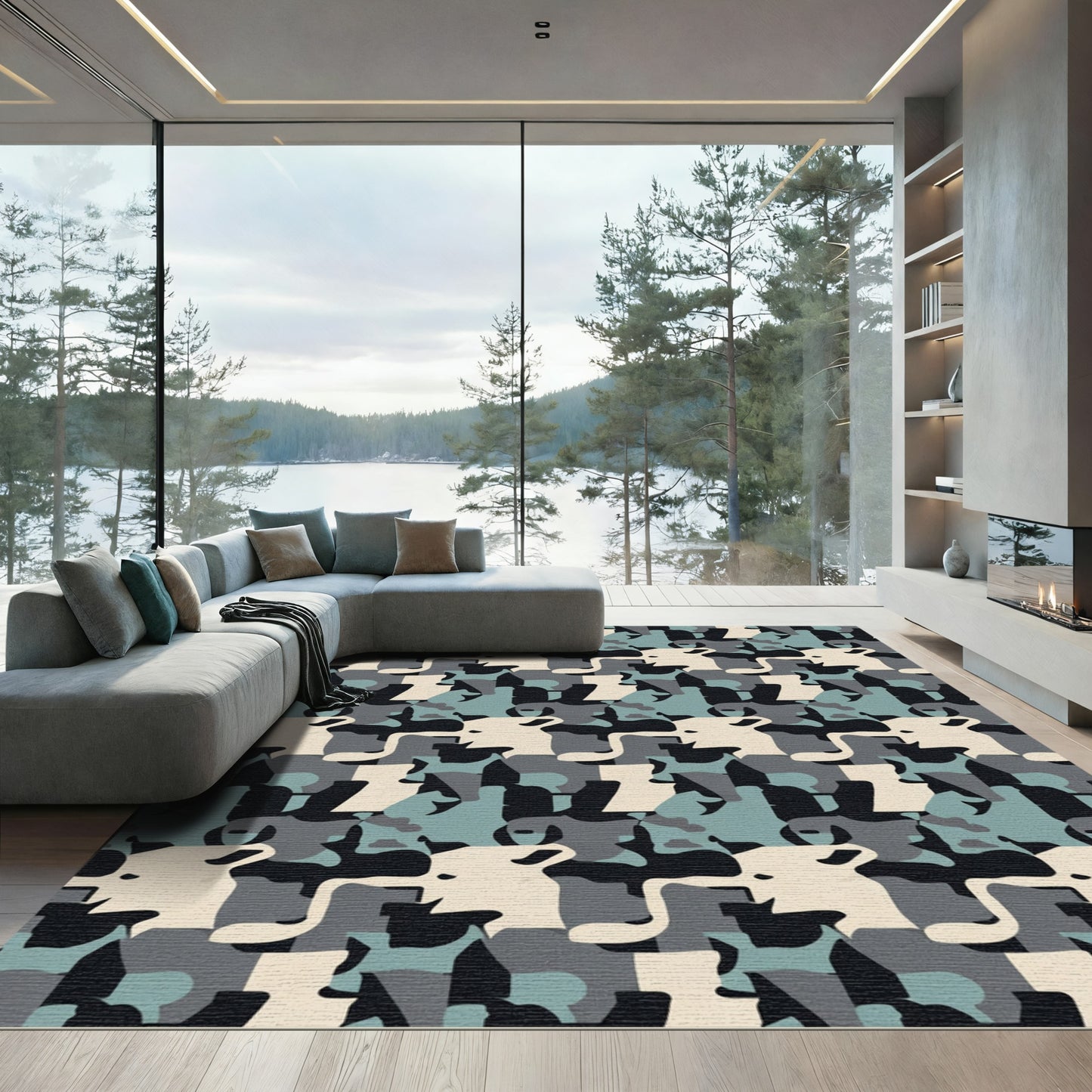 Camouflage Layers Blue Gray Cream Rug