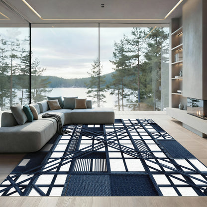 Indigo Denim Grid Intersecting Lines Rug