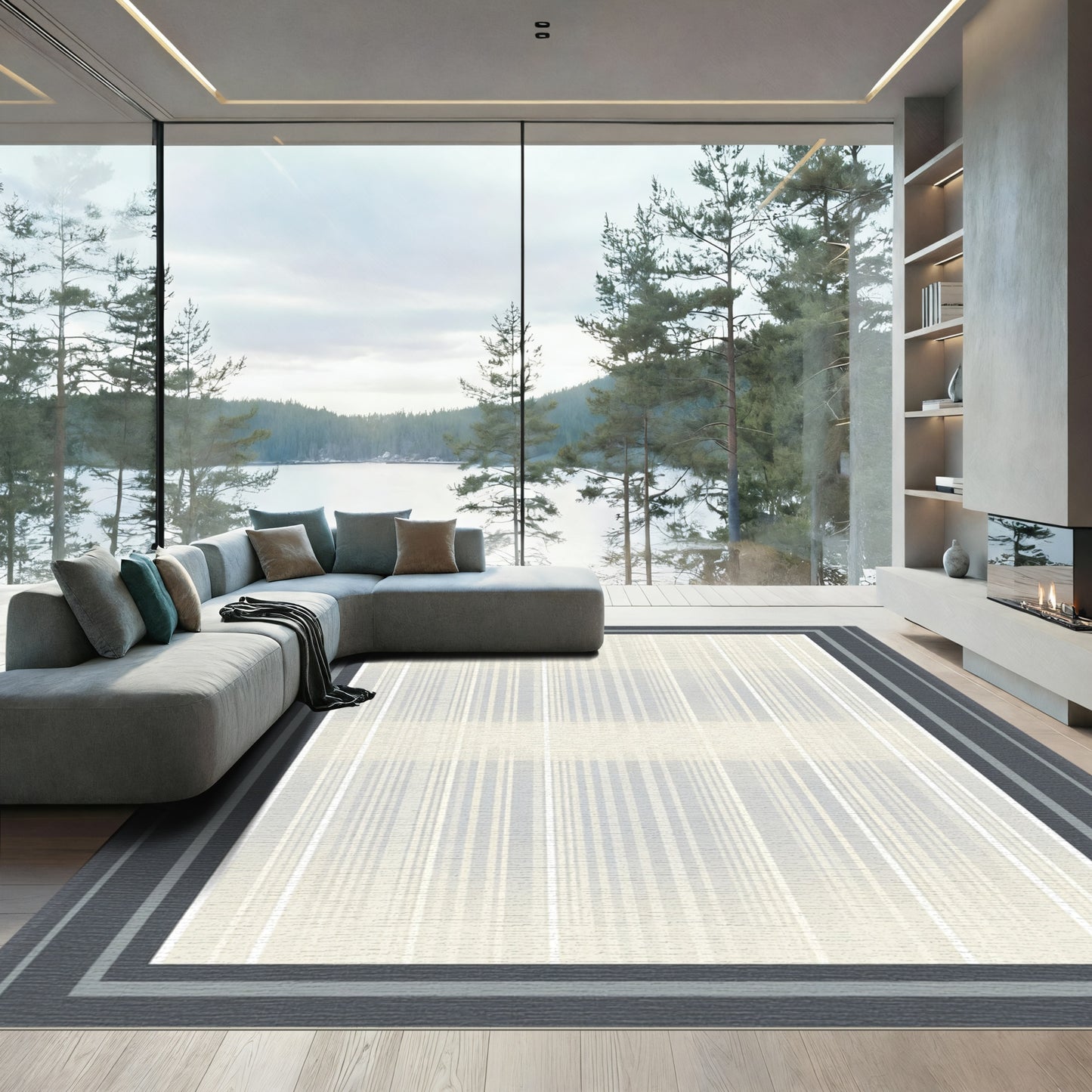 Cream Gray Striped Border Rug