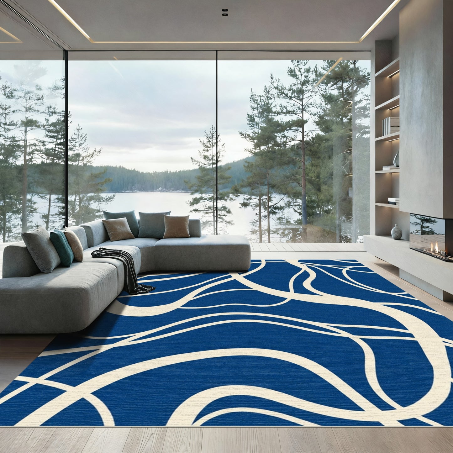 Deep Blue Cream Organic Swirl Rug