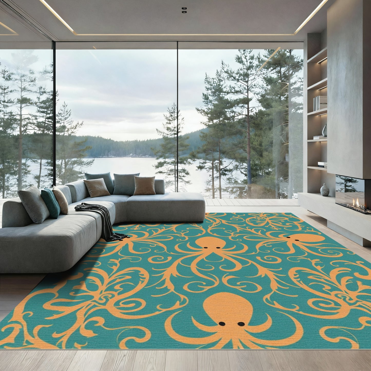 Orange Octopus And Swirls Teal Rug