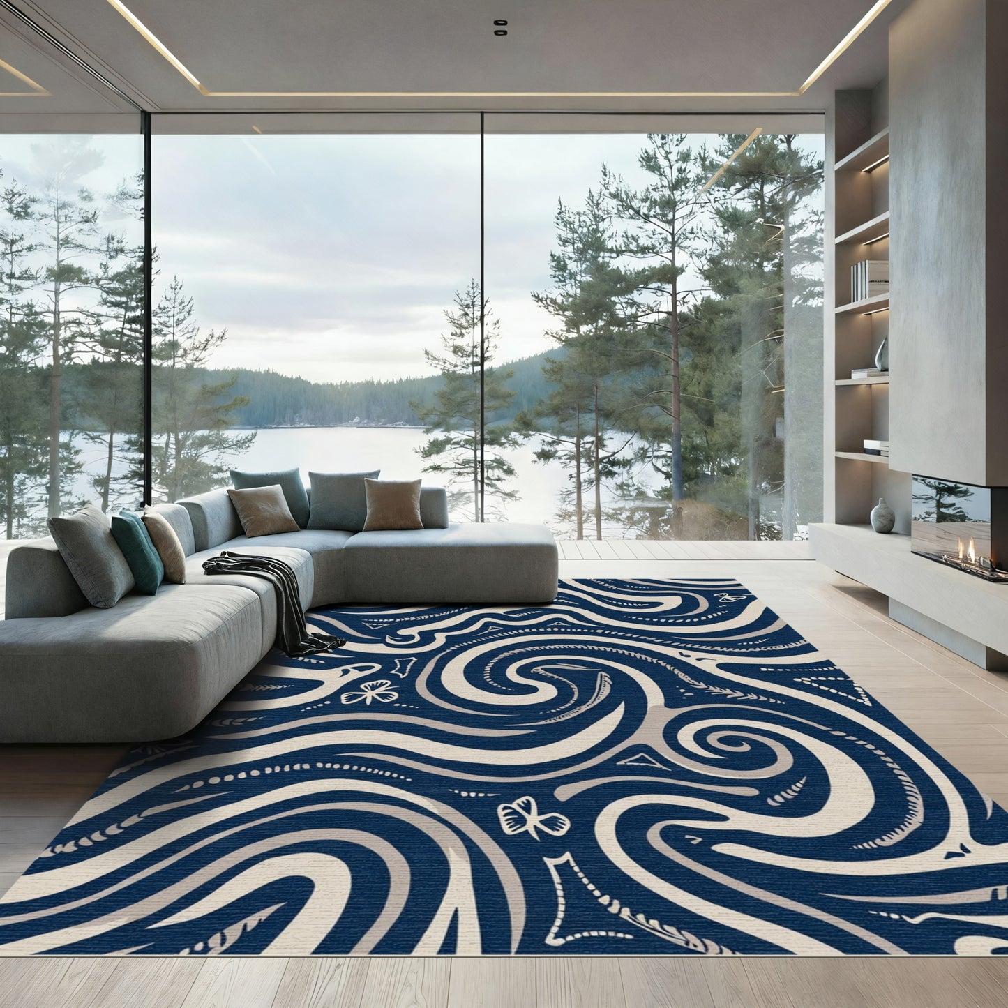 Cream Navy Swirl Tribal Abstract Rug