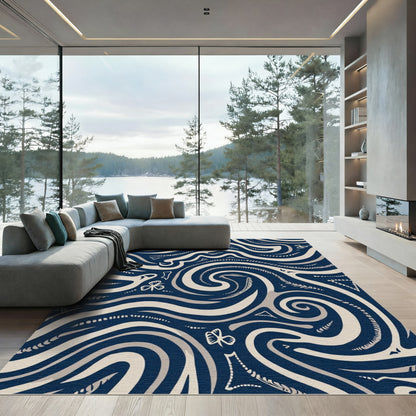 Cream Navy Swirl Tribal Abstract Rug