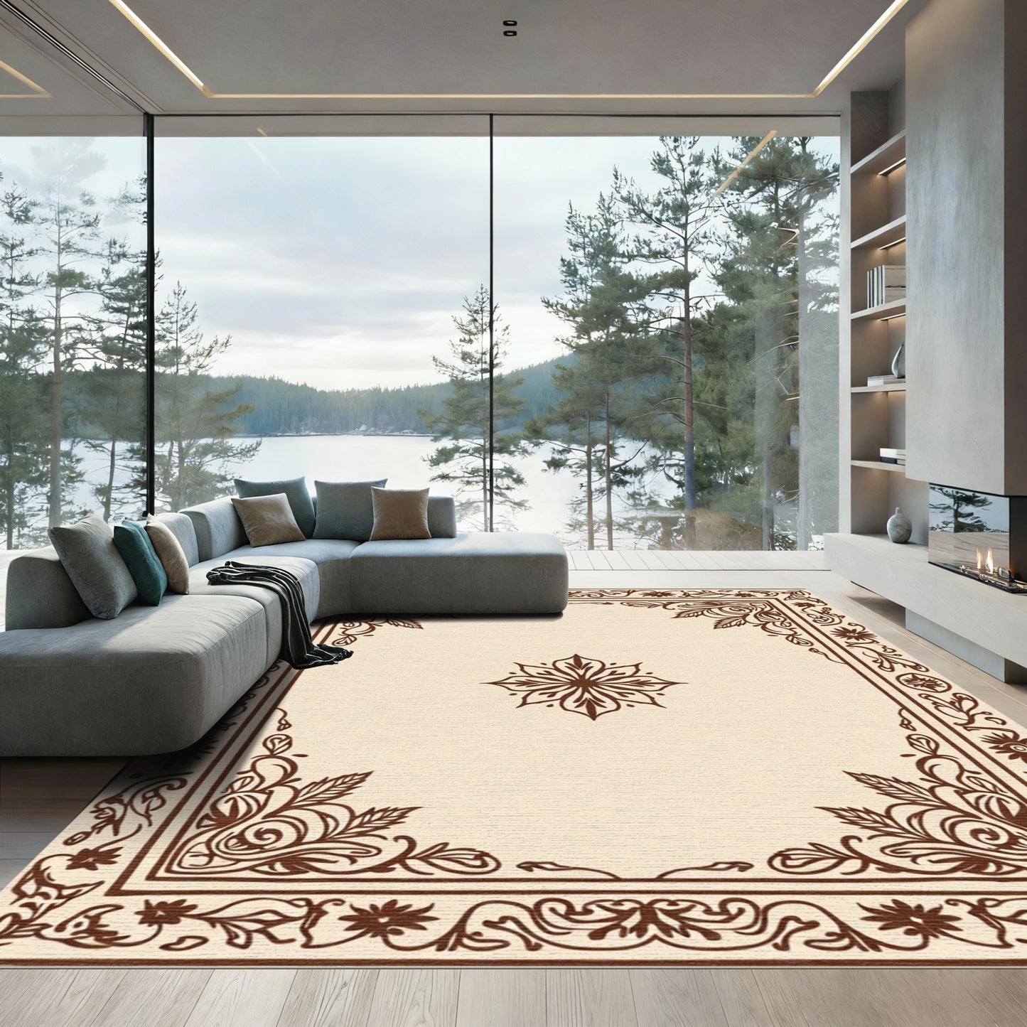 Brown Floral Border Medallion Rug