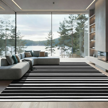 Bold Black White Hand Drawn Stripes Rug