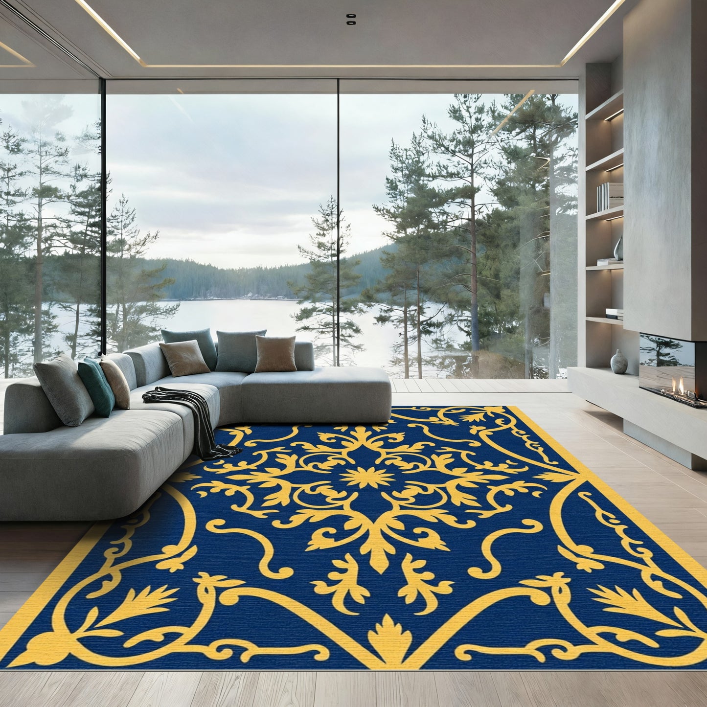 Golden Filigree on Navy Blue Rug