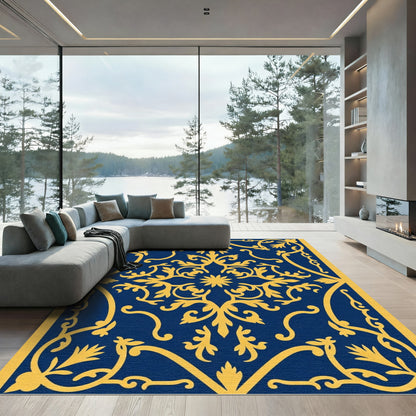 Golden Filigree on Navy Blue Rug
