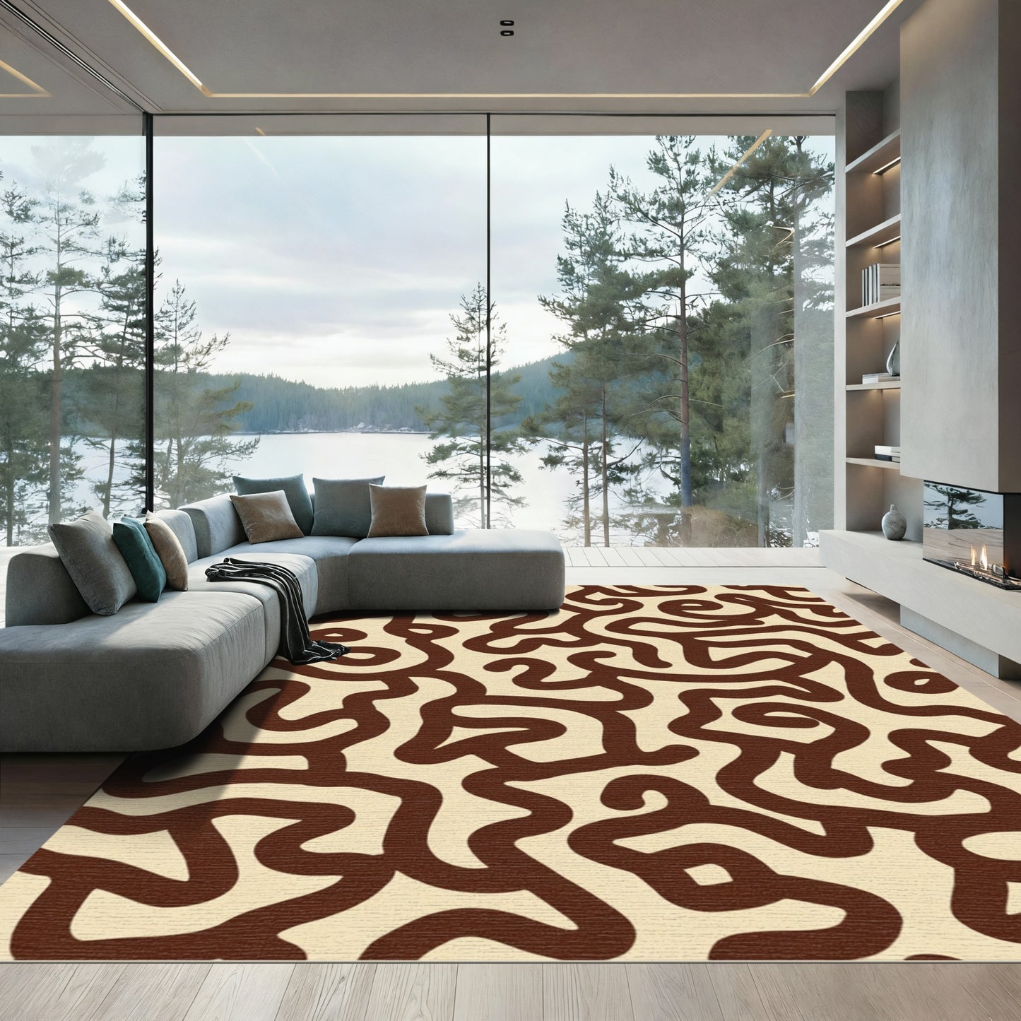 Brown Cream Abstract Labyrinth Rug