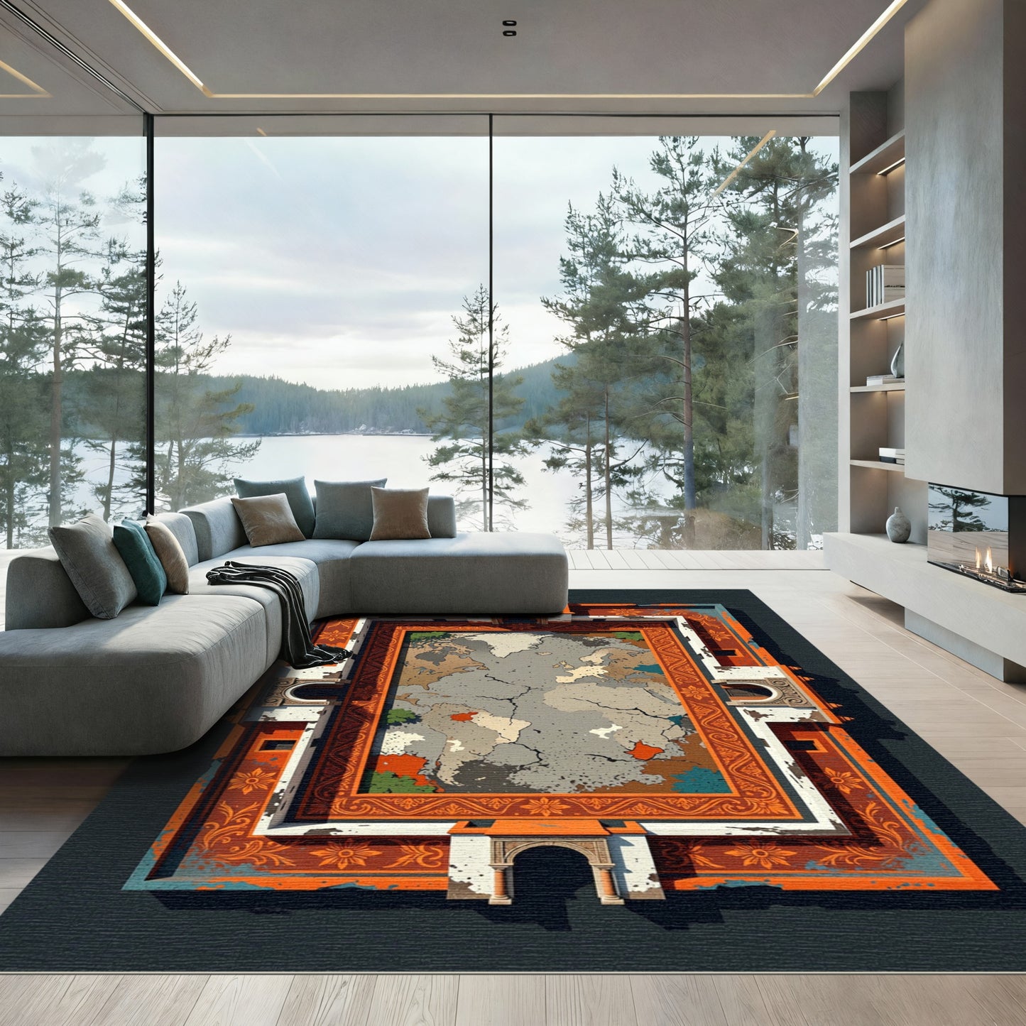 Ornate Orange Cracked World Map Rug