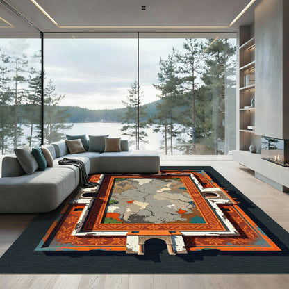 Ornate Orange Cracked World Map Rug