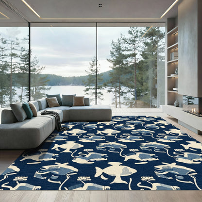 Deep Blue Fish In Cream Rug