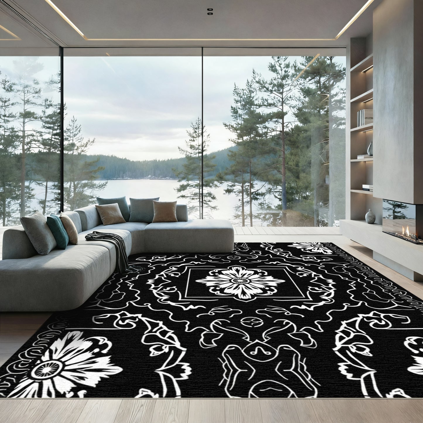 Bold Black White Floral Medallion Intricate Rug