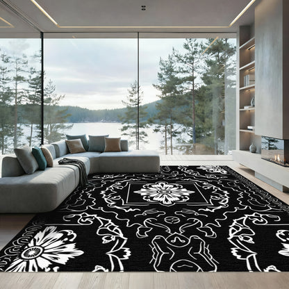 Bold Black White Floral Medallion Intricate Rug