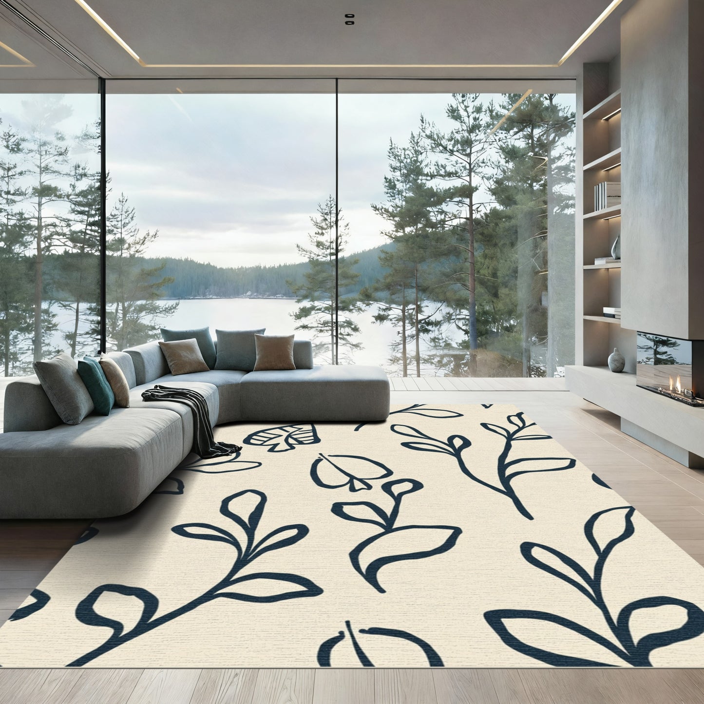 Minimalist Navy Leafy Branch Composition Rug