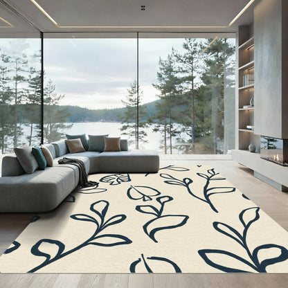 Minimalist Navy Leafy Branch Composition Rug
