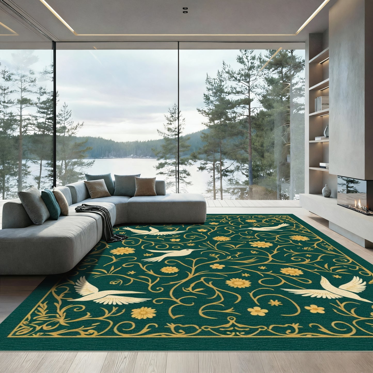 Golden Bird Floral Vine Scroll Rug