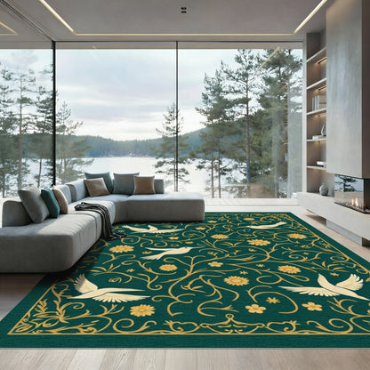 Golden Bird Floral Vine Scroll Rug