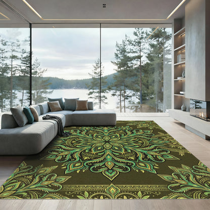 Vibrant Emerald Green Paisley Mandala Rug