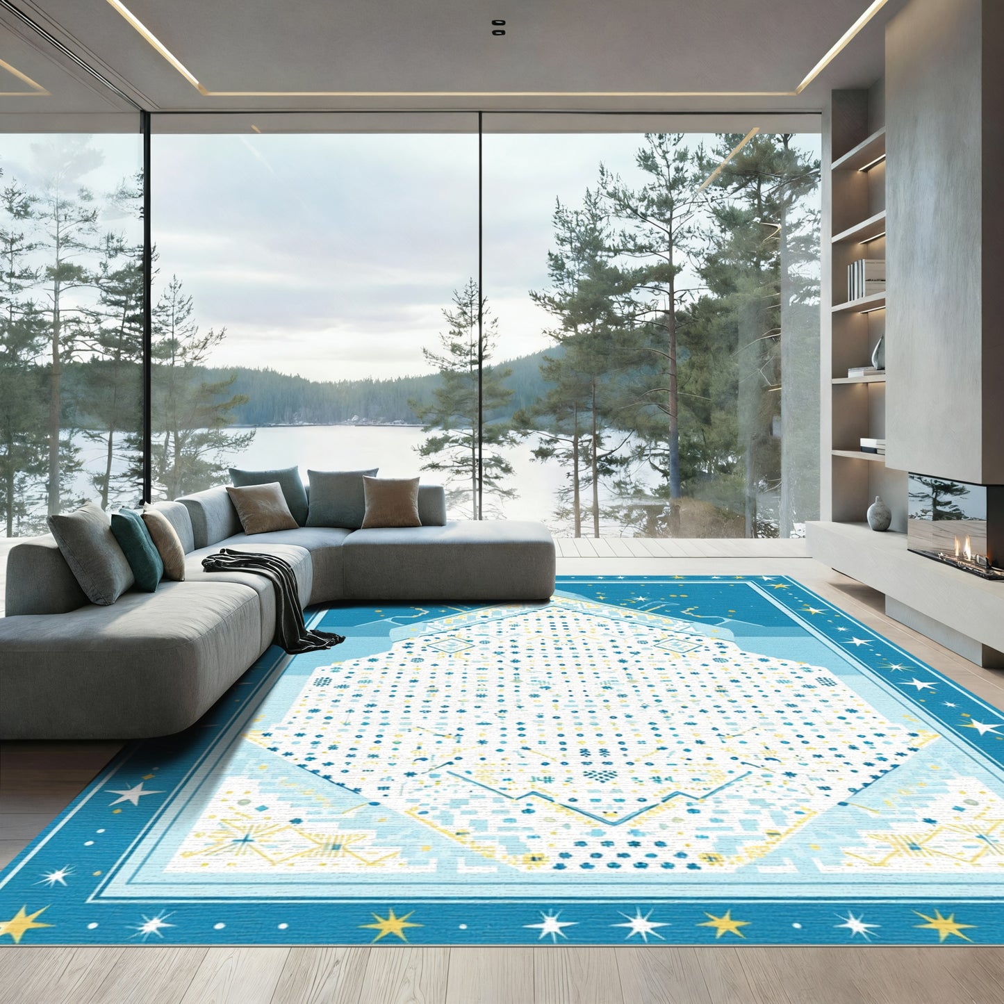 Abstract Blue Geometric Starscape Rug