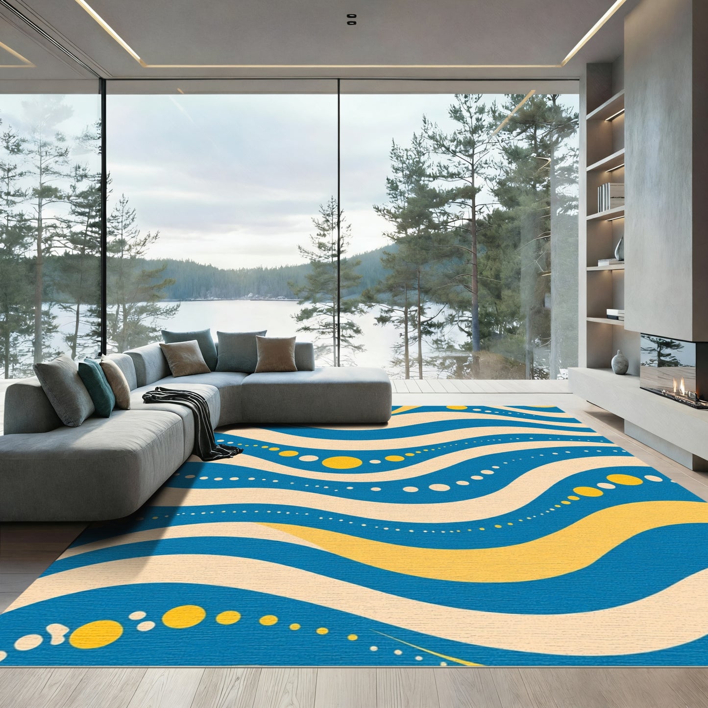 Blue Yellow Wave Dot Flow Rug
