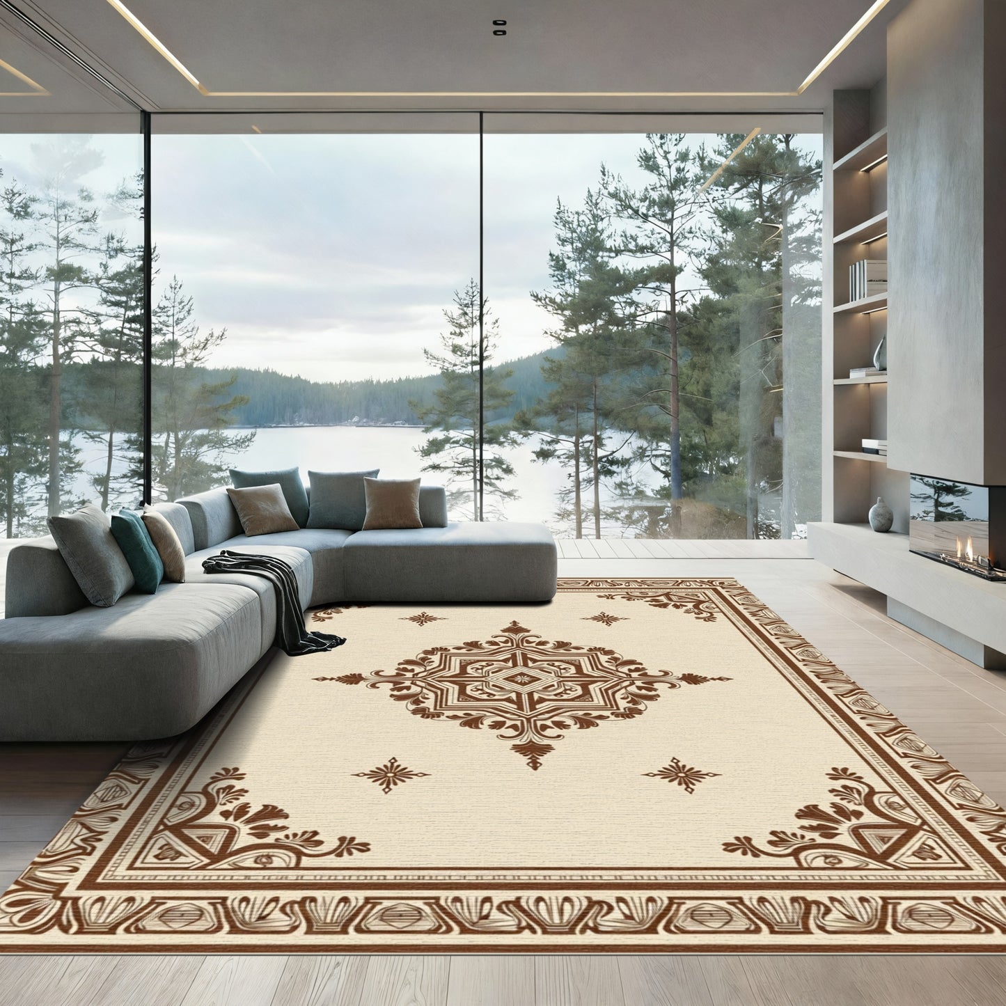 Brown Faded Floral Medallion Border Rug