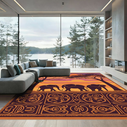 African Sunset Elephant Silhouette Border Rug