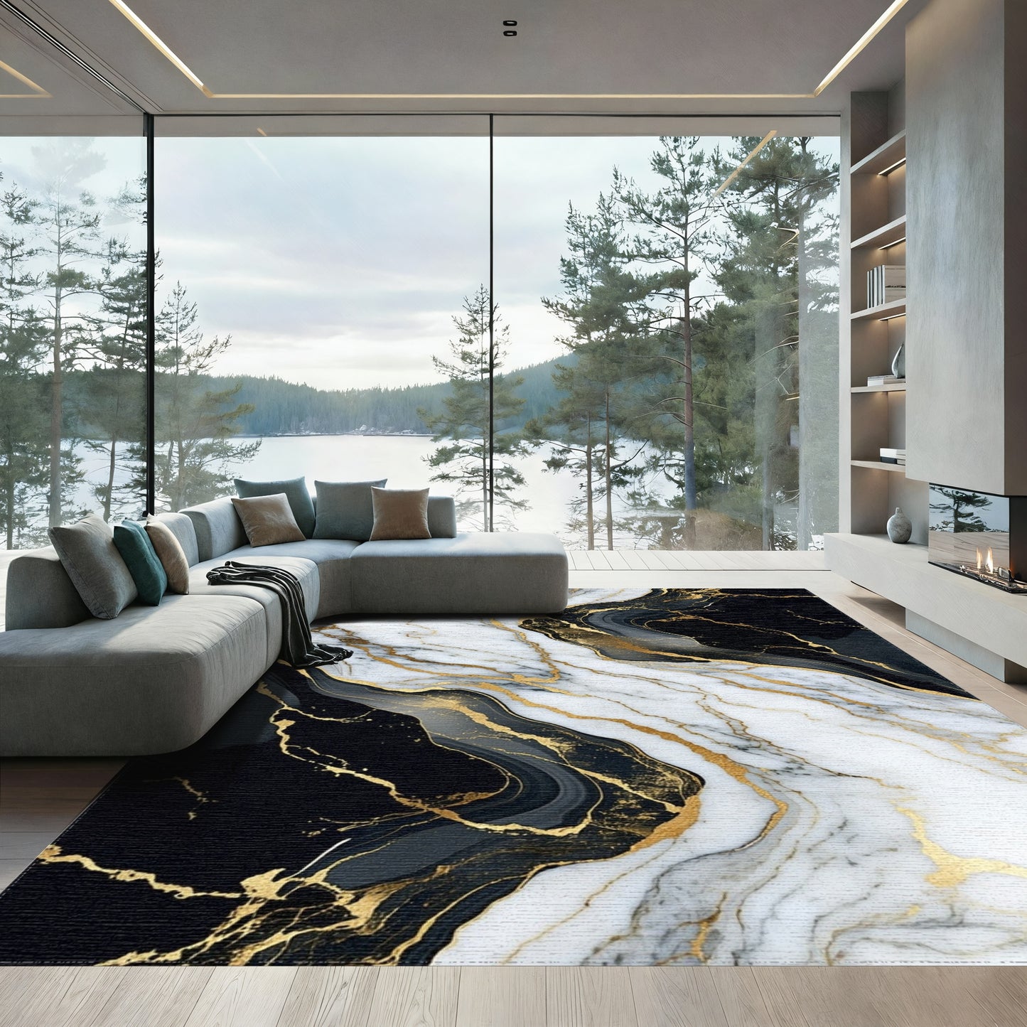 White Black Gold Veined Marble Rug