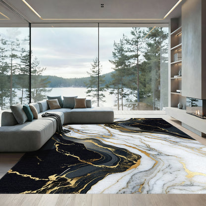 White Black Gold Veined Marble Rug