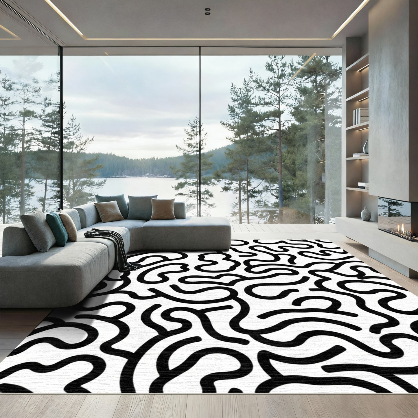 Black White Abstract Organic Lines Rug
