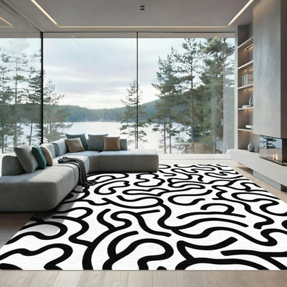 Black White Abstract Organic Lines Rug