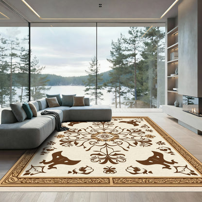 Brown Floral Medallion Cream Border Rug